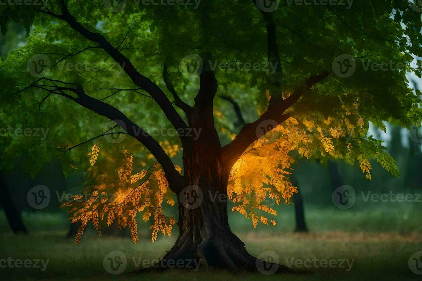 foto fondo de pantalla el cielo, árboles, césped, el bosque, el árbol, el luz, el. generado por ai