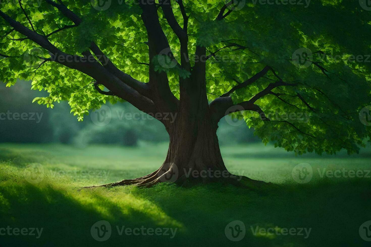 a large tree in the middle of a green field. AI-Generated photo