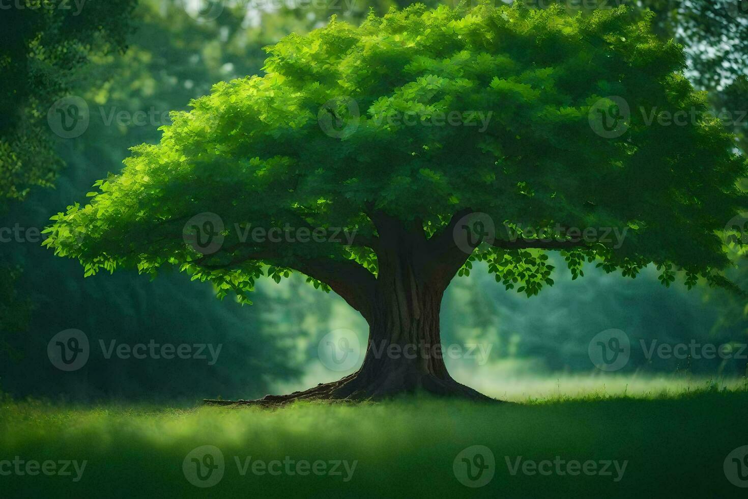 a single tree in the middle of a green field. AI-Generated photo