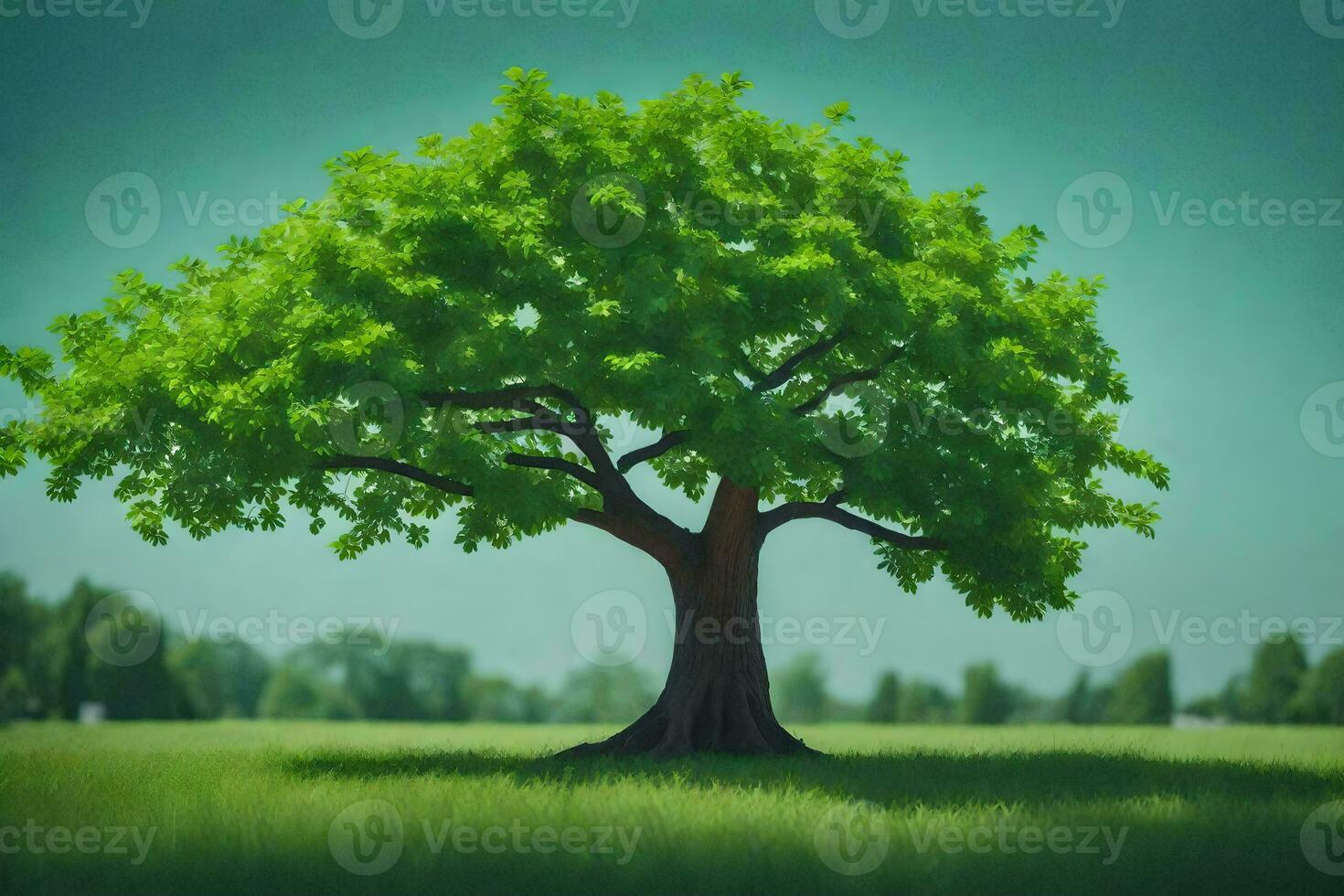 a tree in a field with green leaves. AI-Generated photo