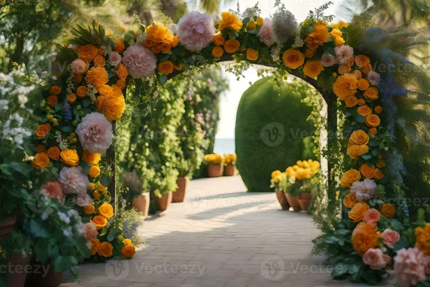 an archway with flowers and plants in front of it. AI-Generated photo