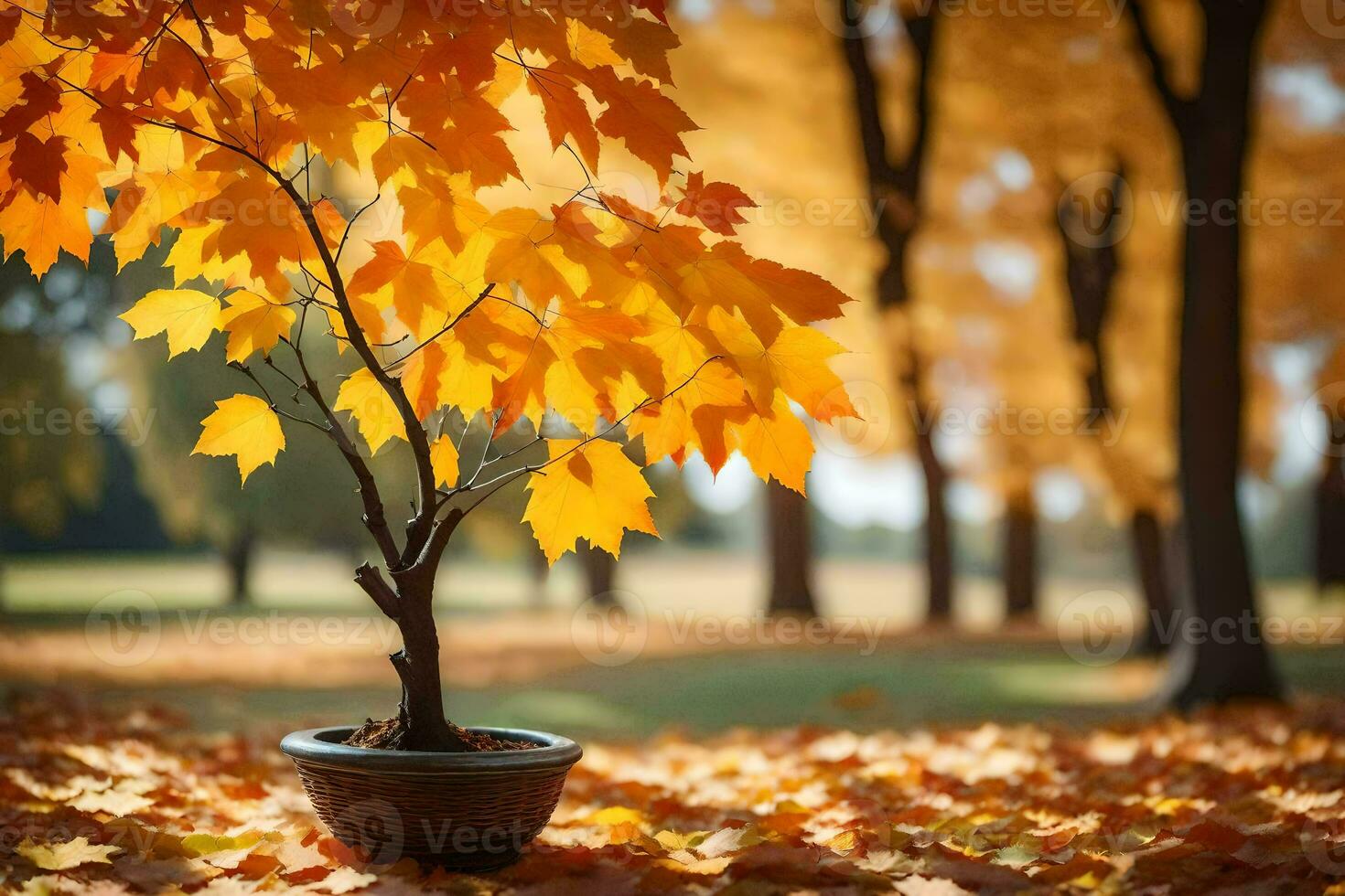 a small tree in a pot on the ground surrounded by autumn leaves. AI-Generated photo