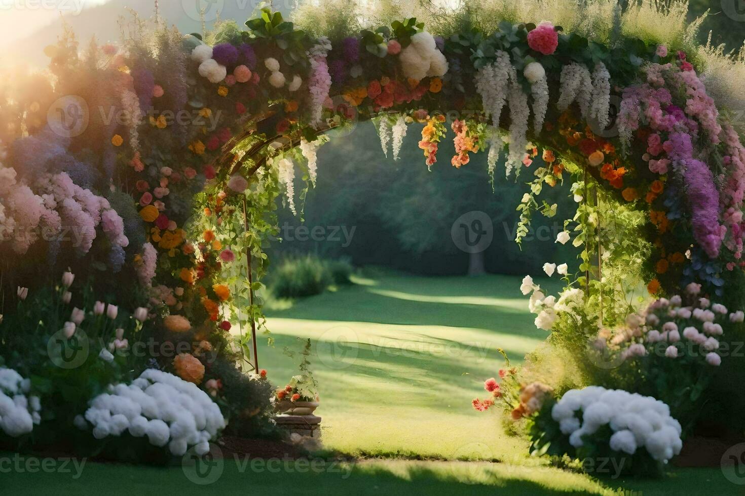 a flower archway in the middle of a field. AI-Generated photo