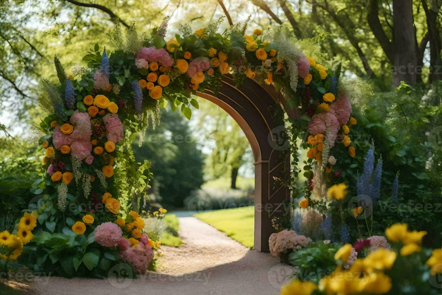 a flower archway in the garden. AI-Generated photo