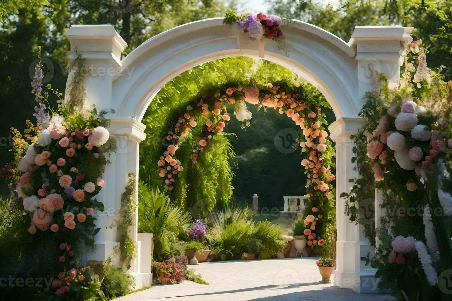 an archway with flowers and greenery. AI-Generated photo