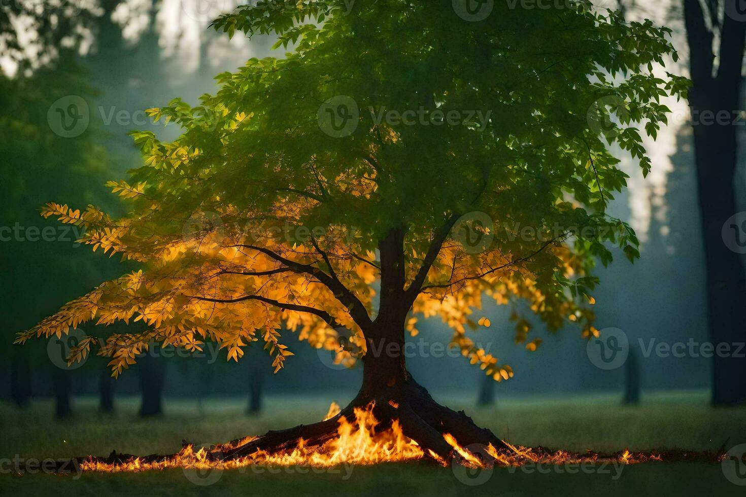 a tree with flames on it in the middle of a field. AI-Generated photo