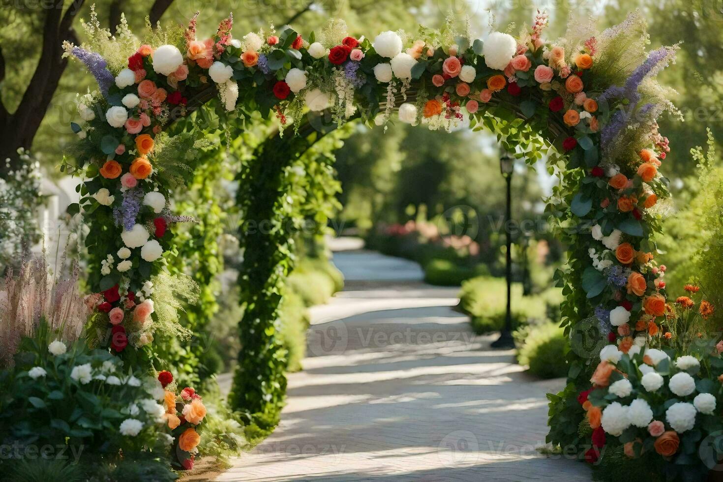 an archway with flowers and greenery. AI-Generated photo
