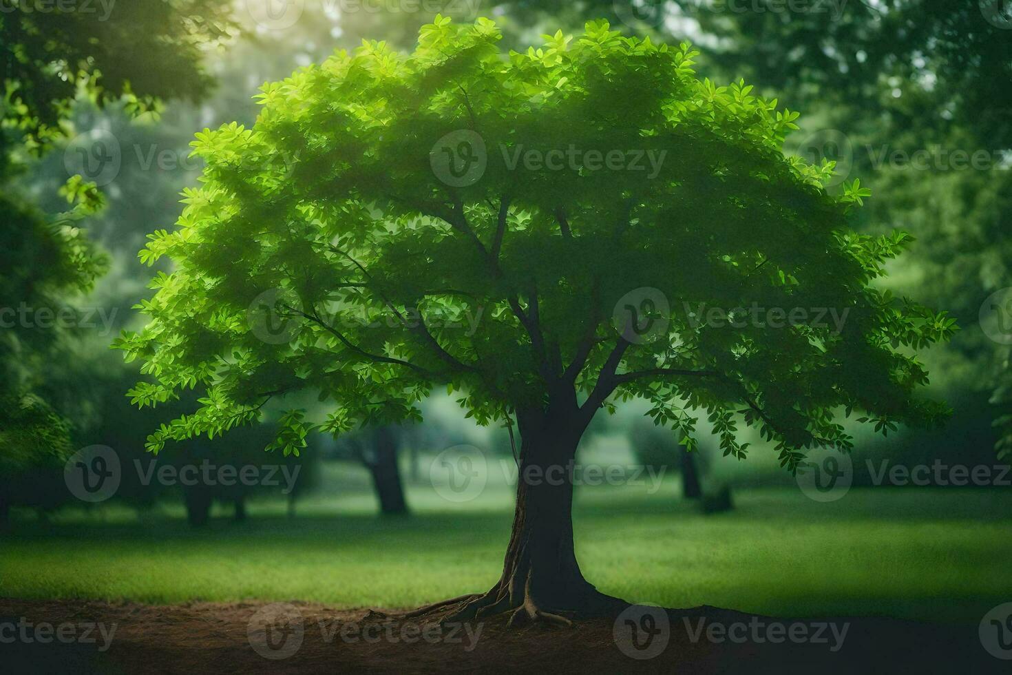 a tree in the middle of a green field. AI-Generated photo