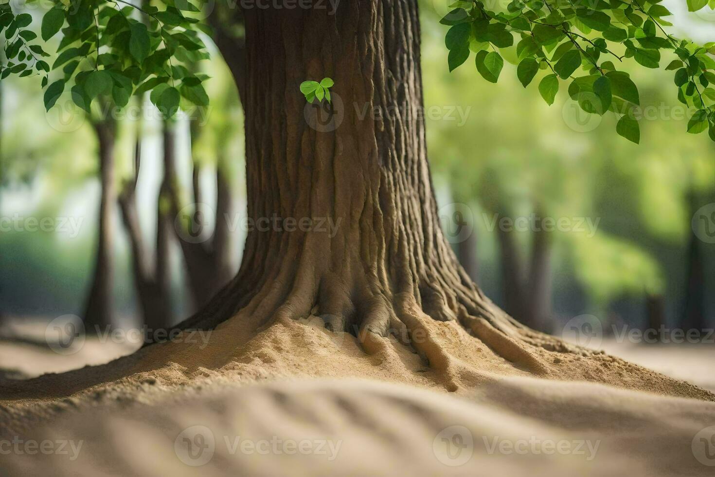 a tree with roots in the sand. AI-Generated photo