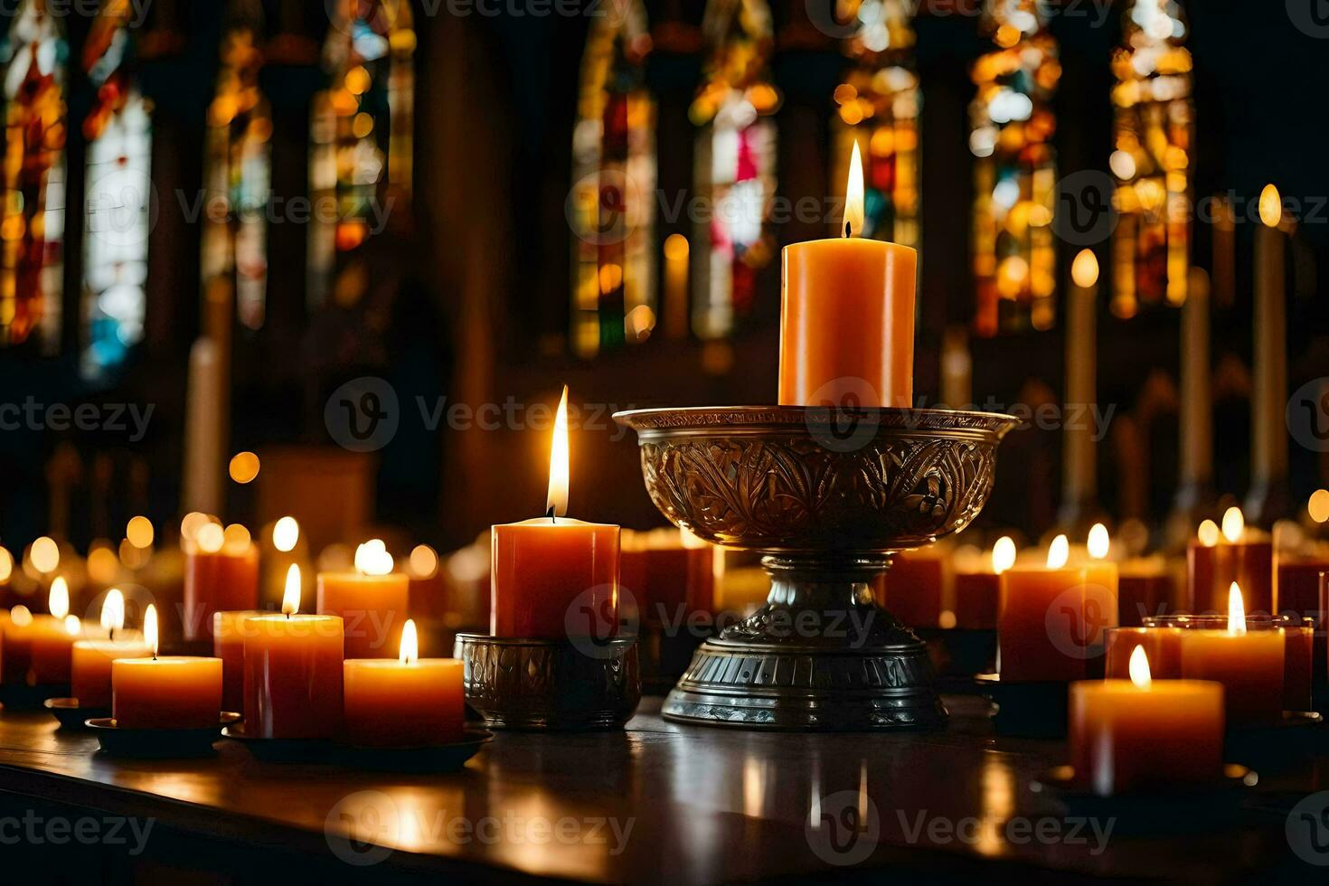 candles are lit in a church with stained glass windows. AI-Generated photo