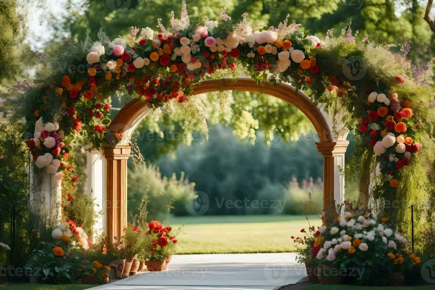 an archway with flowers and greenery. AI-Generated photo