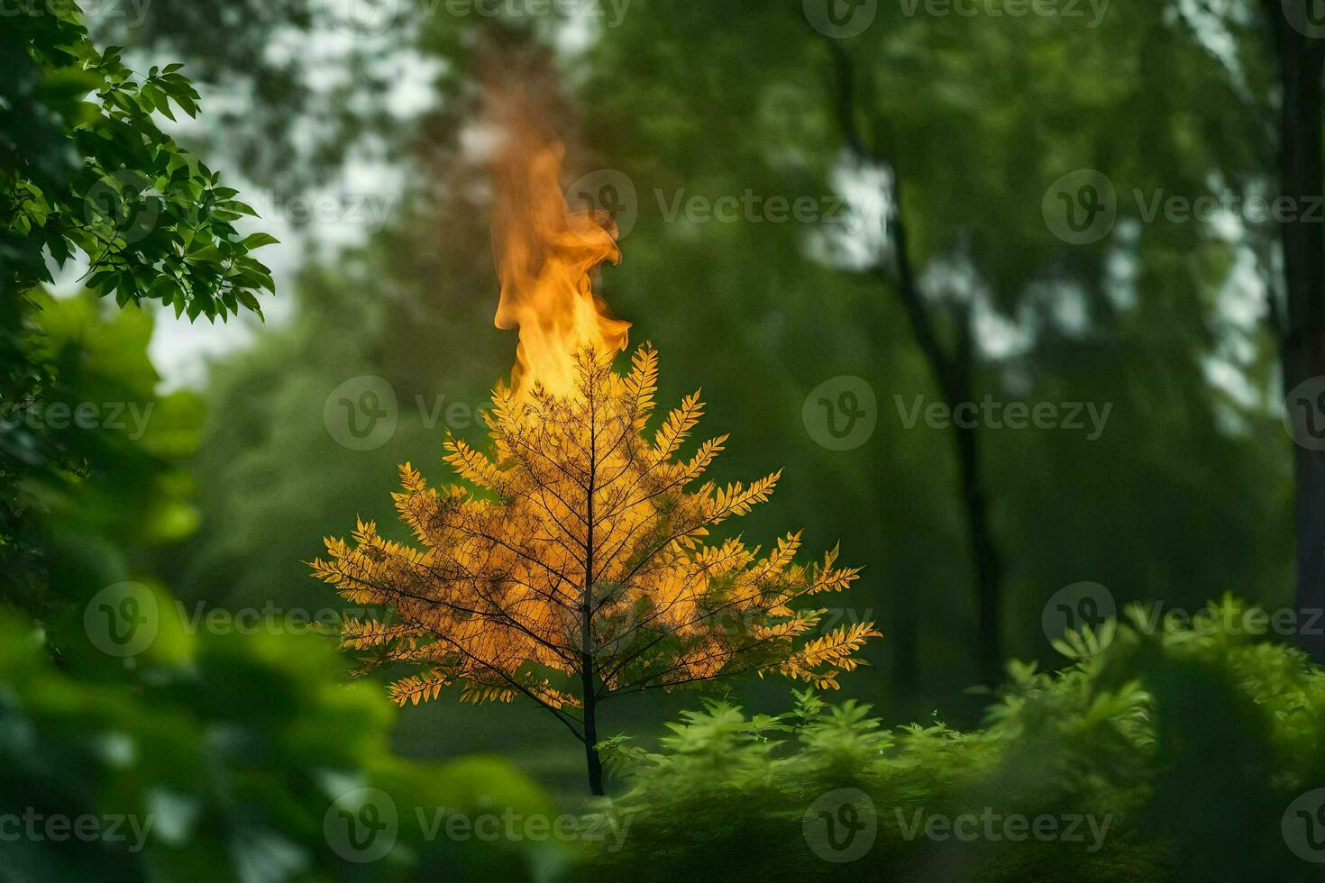 a tree with flames coming out of it in the middle of a forest. AI-Generated photo
