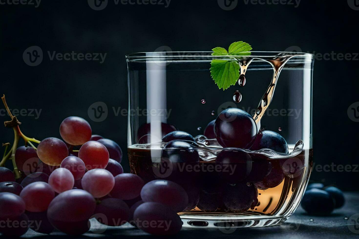 a glass of wine with grapes and leaves. AI-Generated photo
