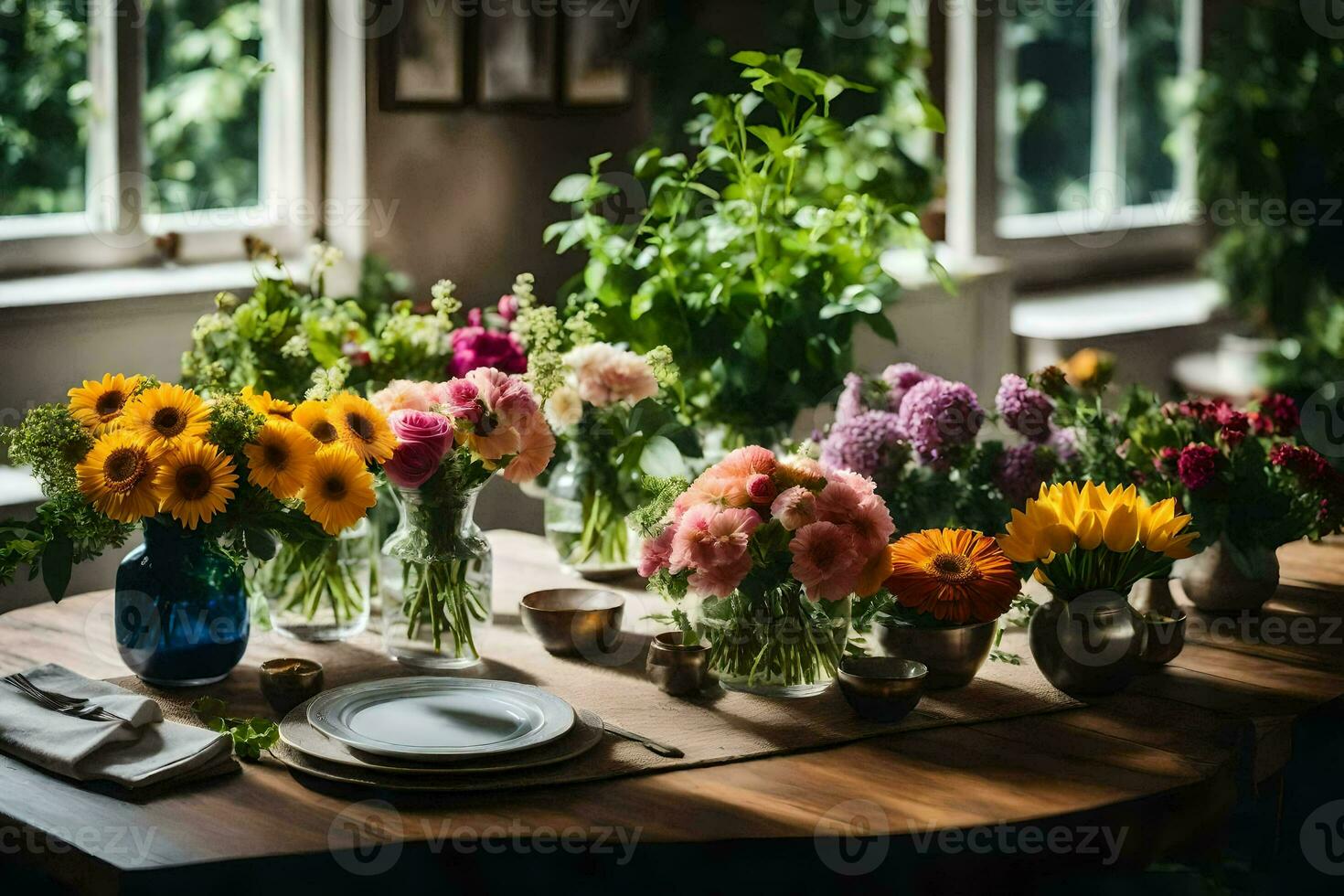 a table with flowers and plates on it. AI-Generated photo