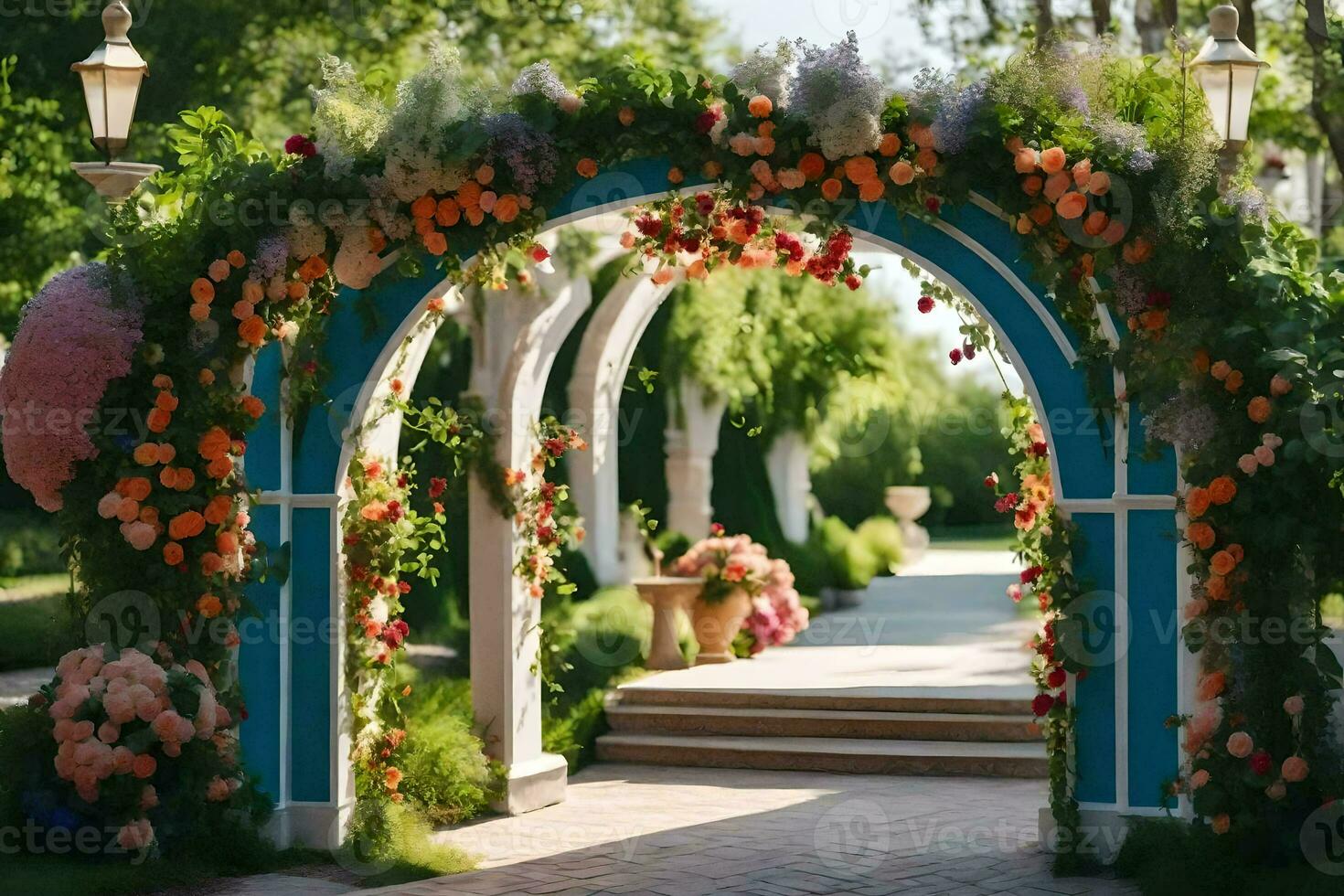 un azul arco con flores y verdor. generado por ai foto