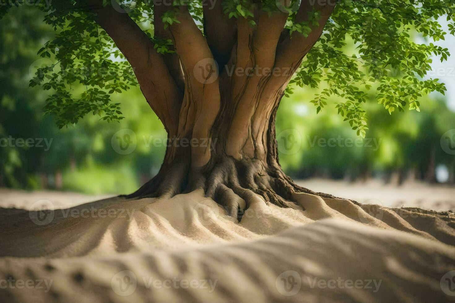 un árbol con raíces creciente fuera de el arena. generado por ai foto