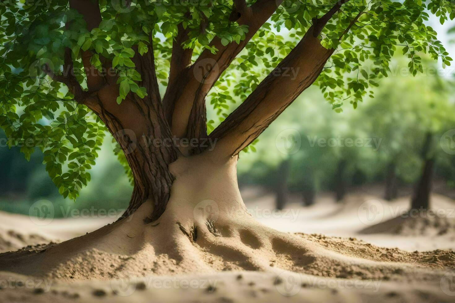 a tree with roots in the sand. AI-Generated photo