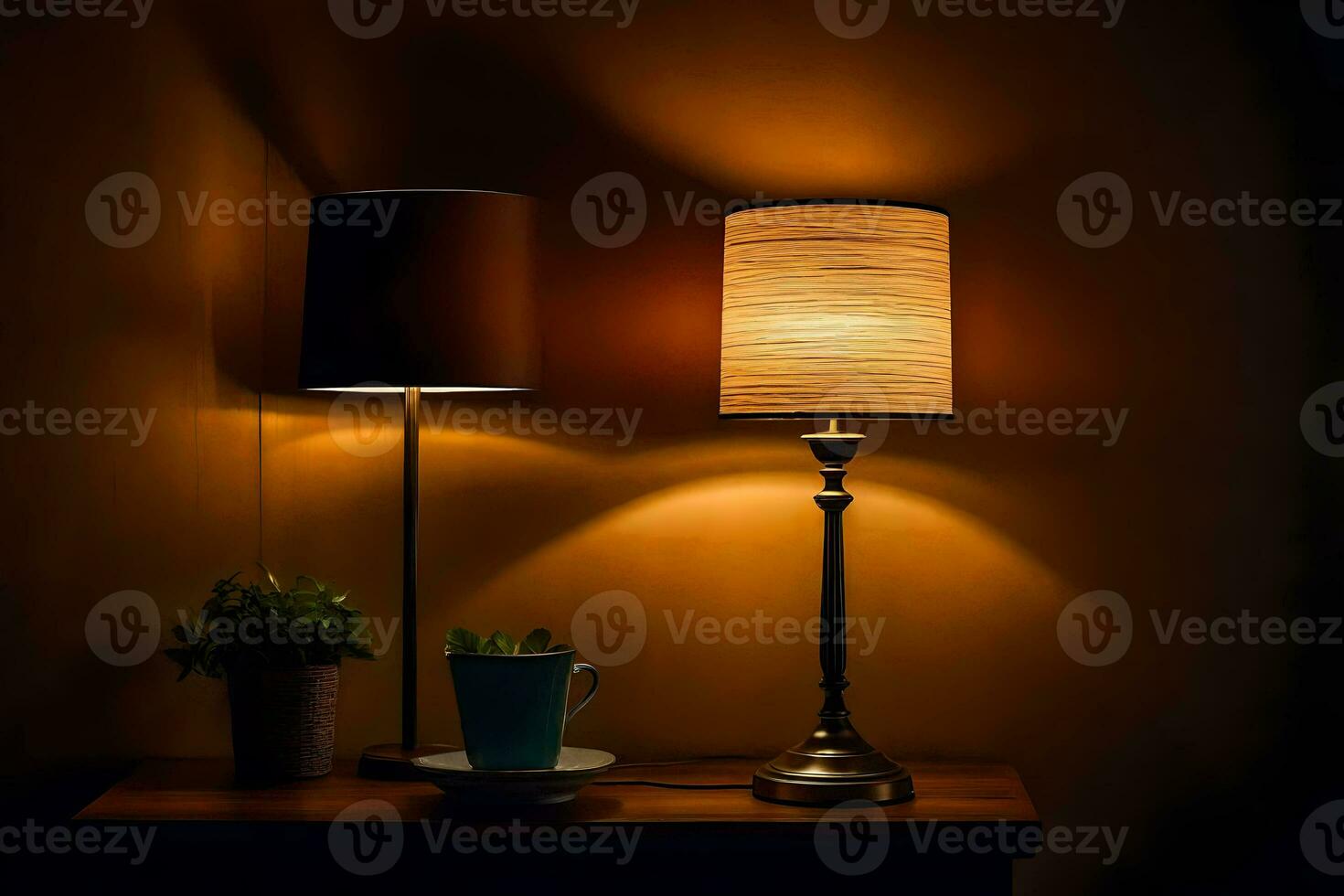 two lamps on a table in a dark room. AI-Generated photo