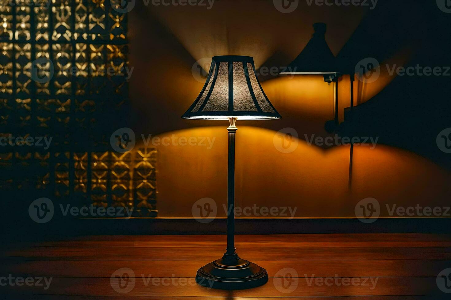 a lamp on a wooden floor in a dark room. AI-Generated photo