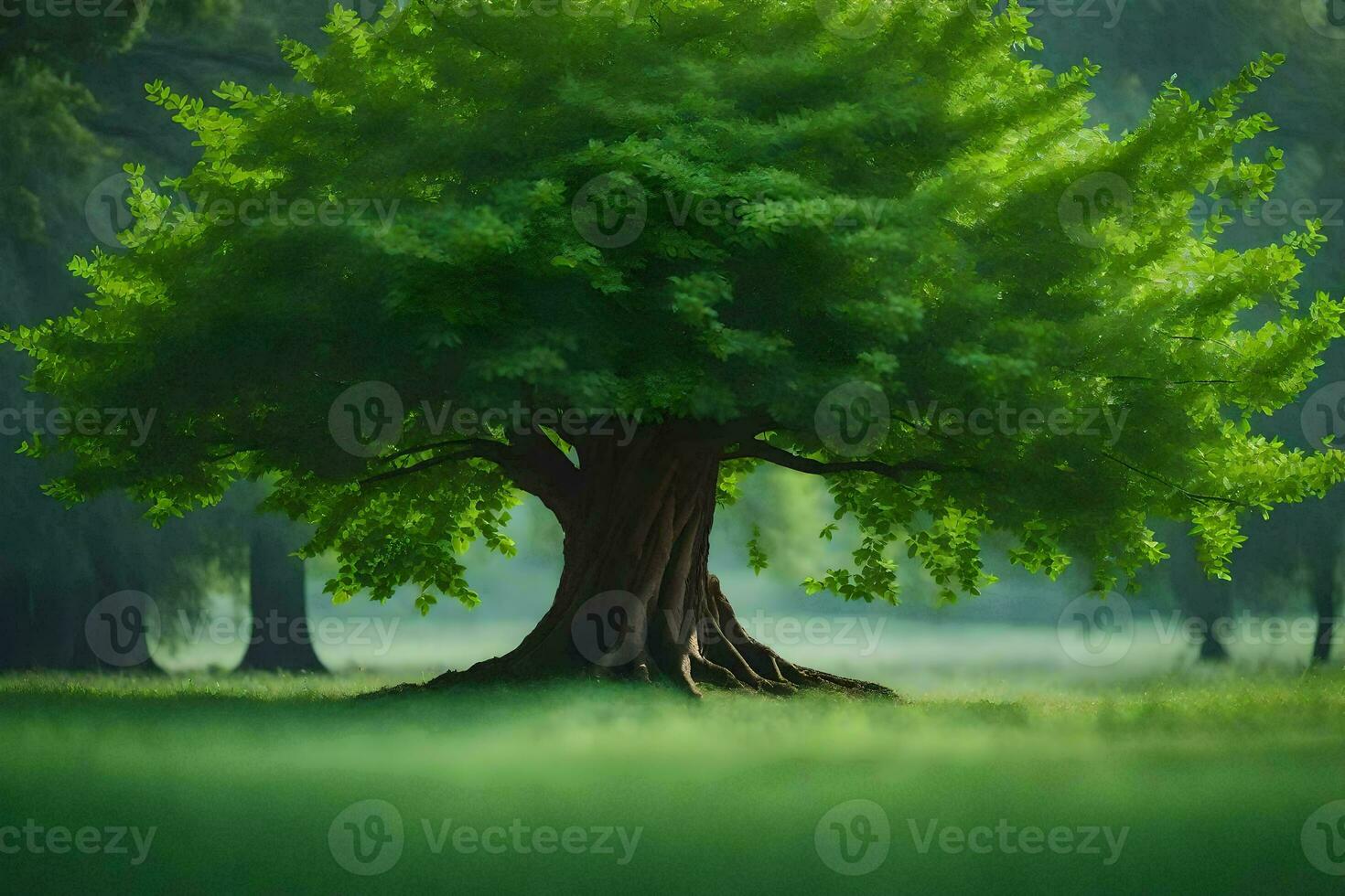 a large tree in the middle of a green field. AI-Generated photo