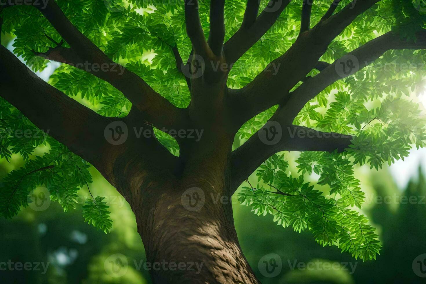 a tree with green leaves and sunlight shining through it. AI-Generated photo