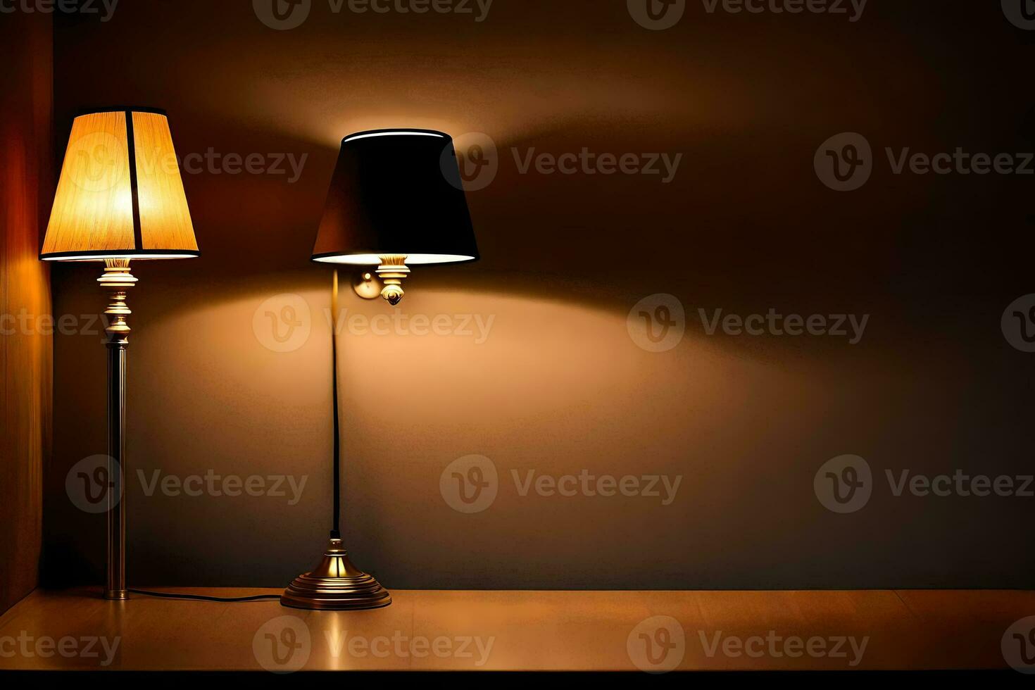 two lamps on a table in front of a wall. AI-Generated photo