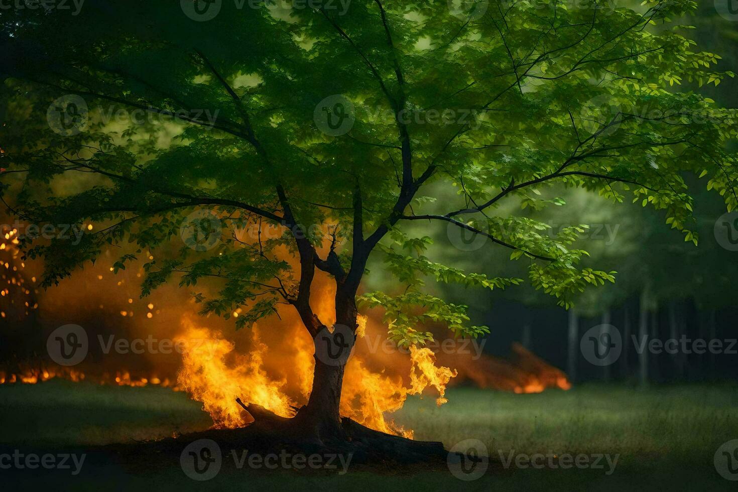 a tree is burning in the middle of a field. AI-Generated photo