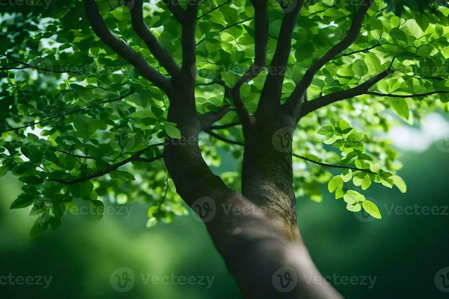 a tree with green leaves and a green background. AI-Generated photo
