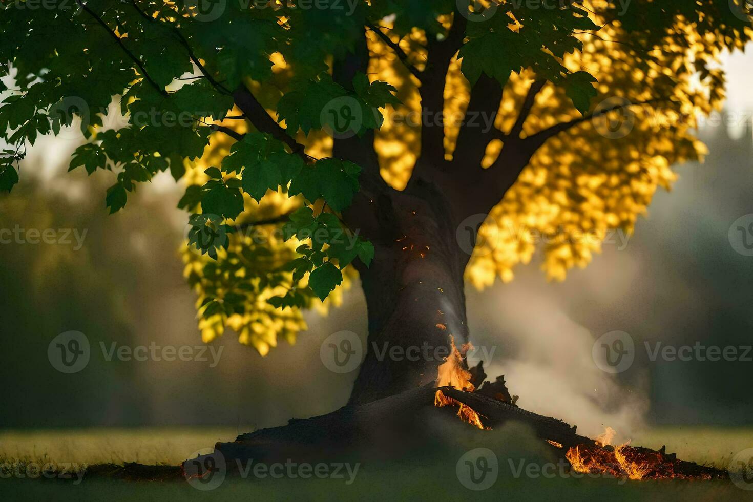 a tree with smoke coming out of it. AI-Generated photo