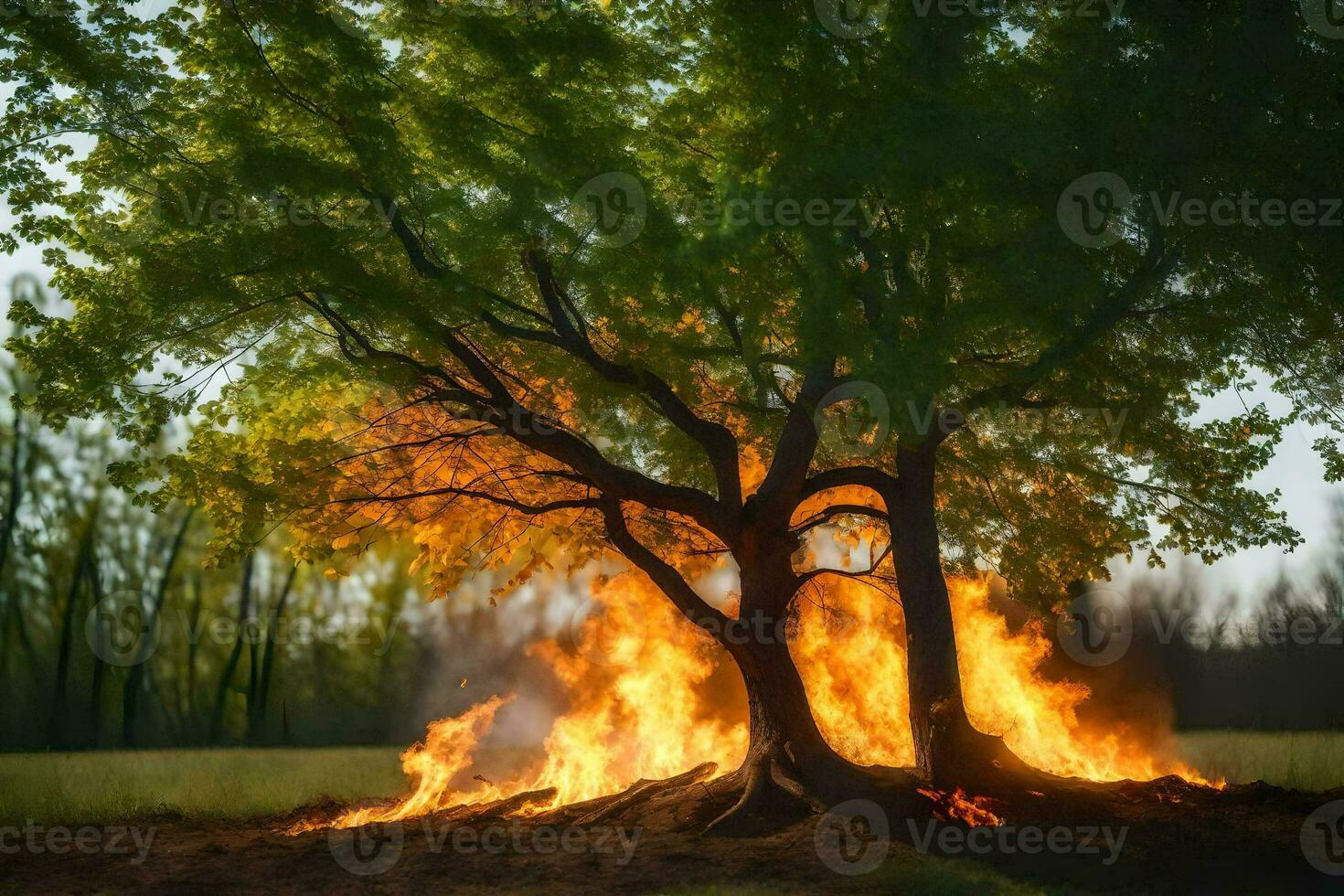 a tree is burning in the middle of a field. AI-Generated photo