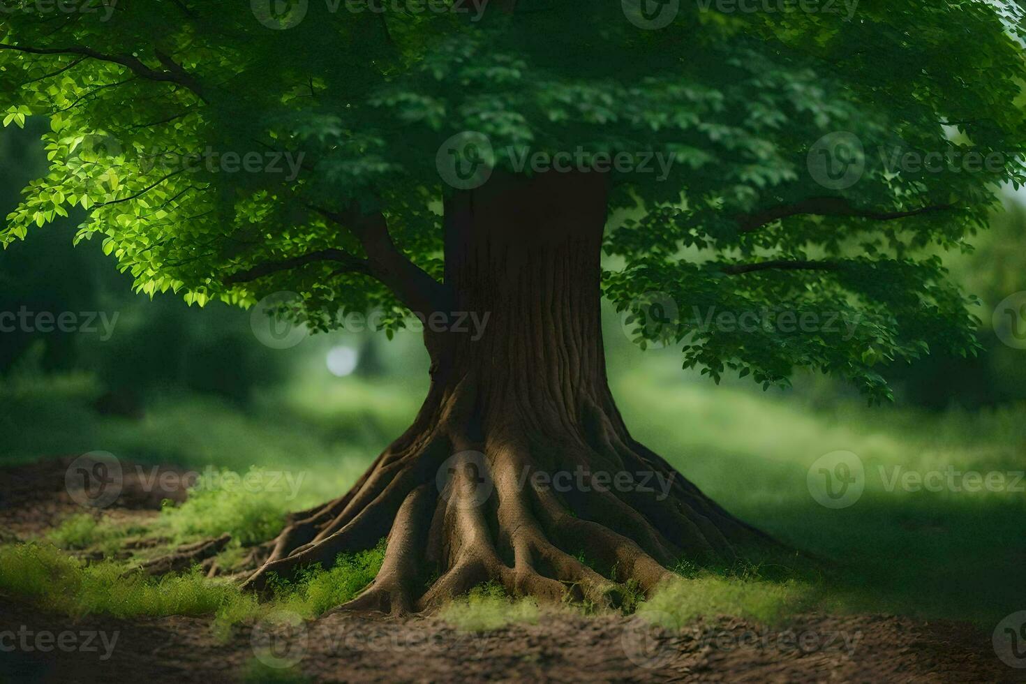 a tree with roots in the middle of a field. AI-Generated photo