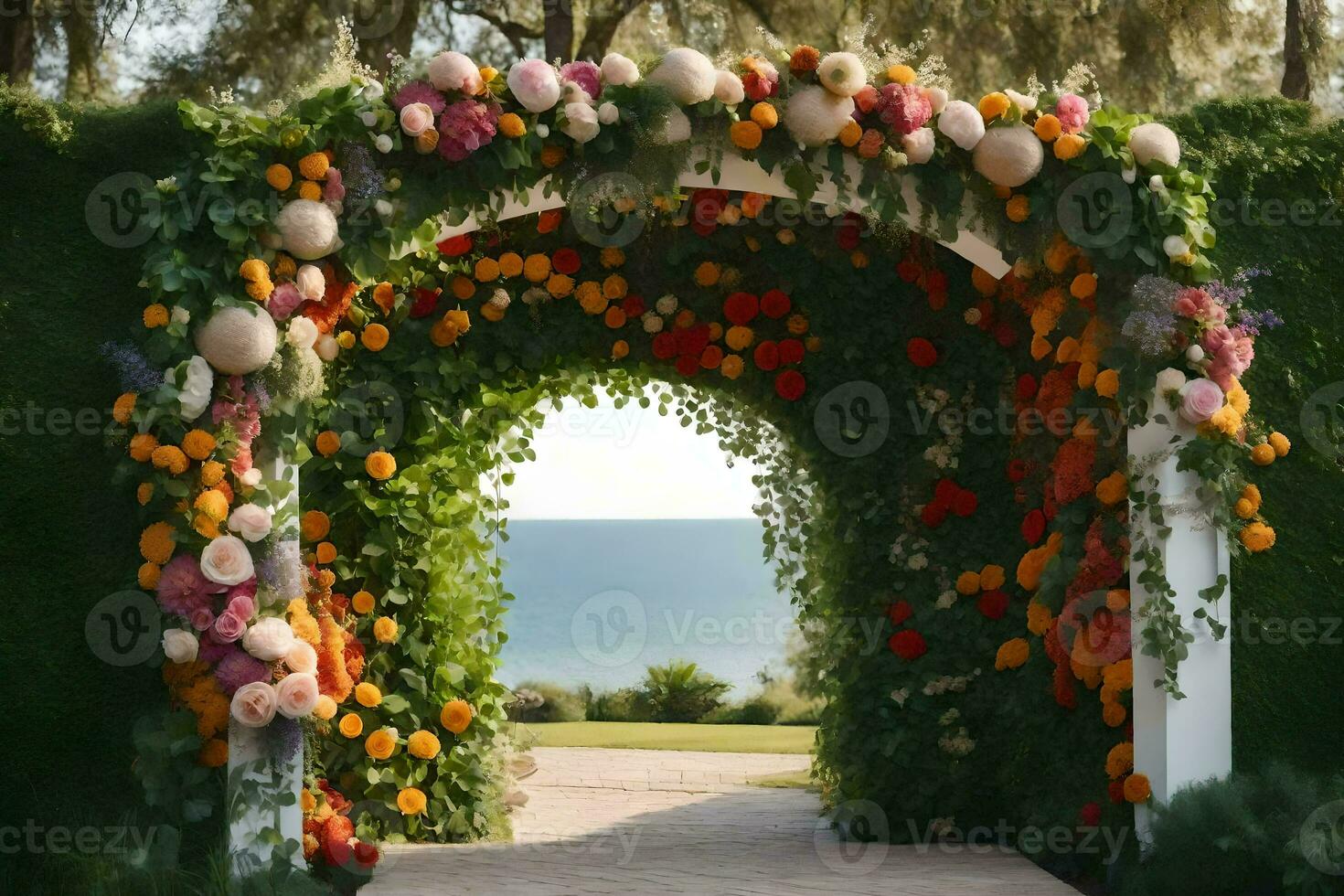 an archway decorated with oranges and flowers. AI-Generated photo