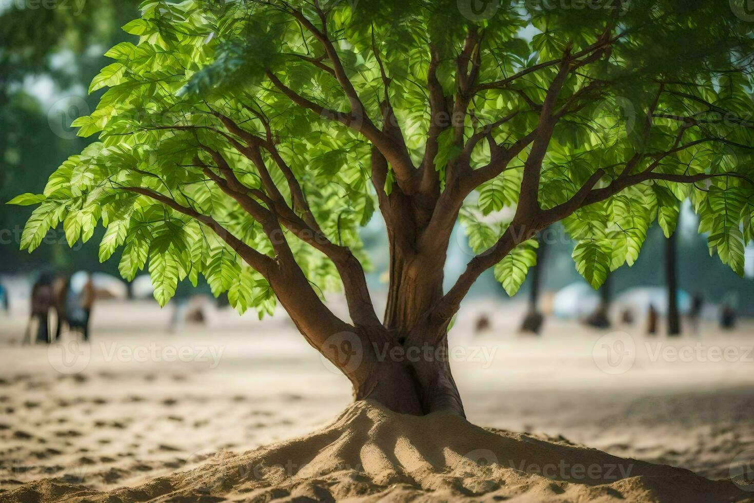 a tree with leaves growing out of the sand. AI-Generated photo