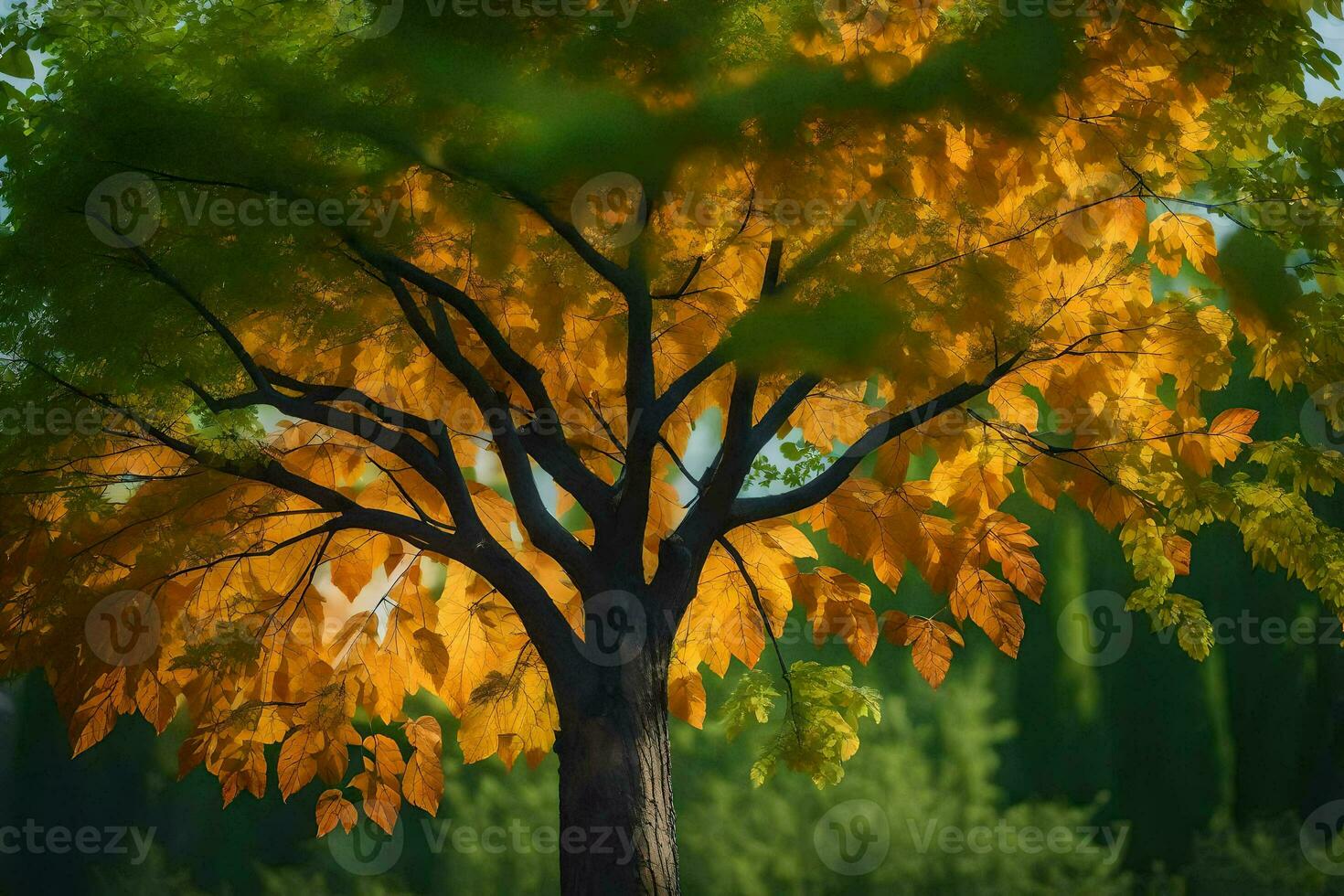 a tree with yellow leaves in the middle of a field. AI-Generated photo