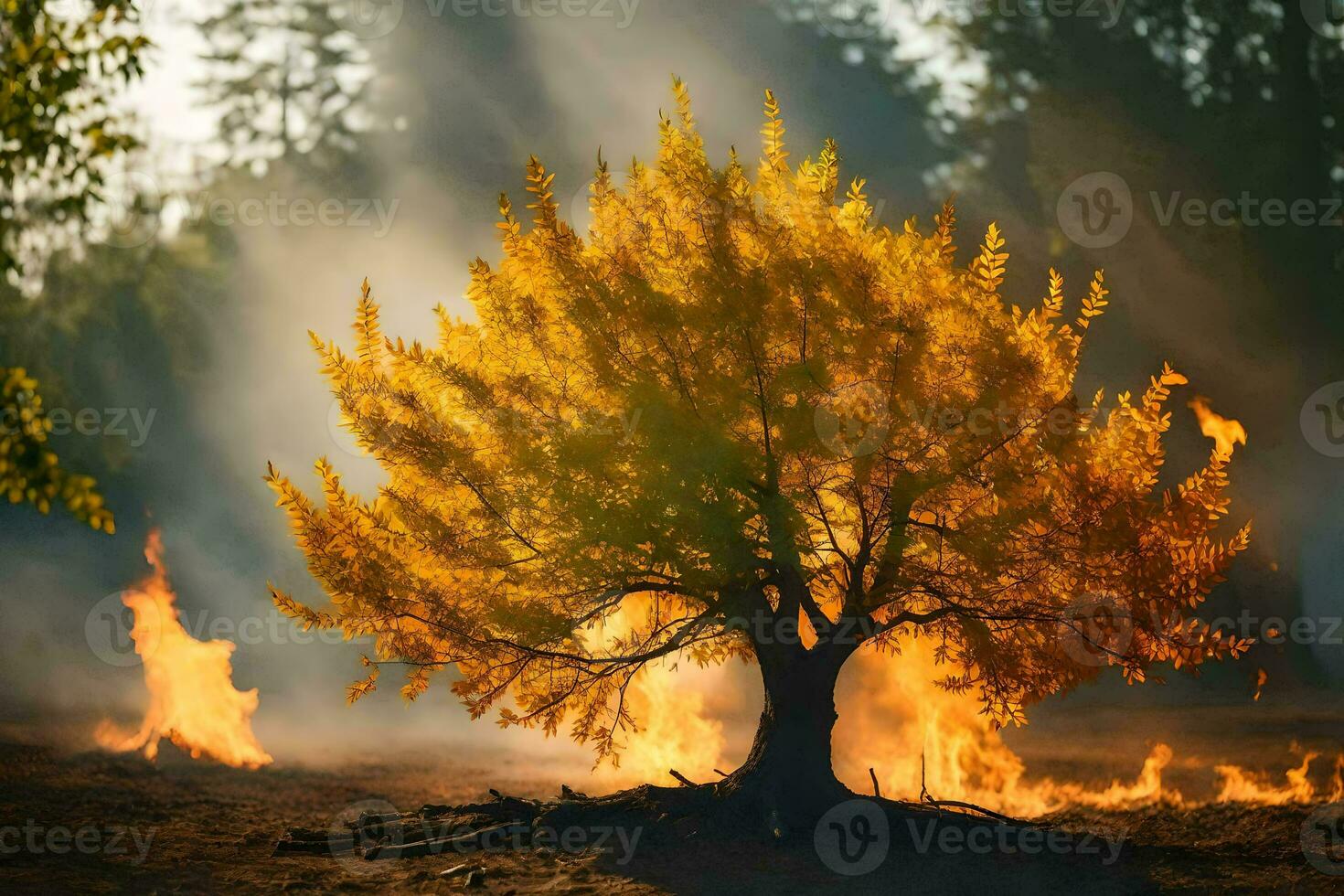 a tree is burning in the middle of a field. AI-Generated photo