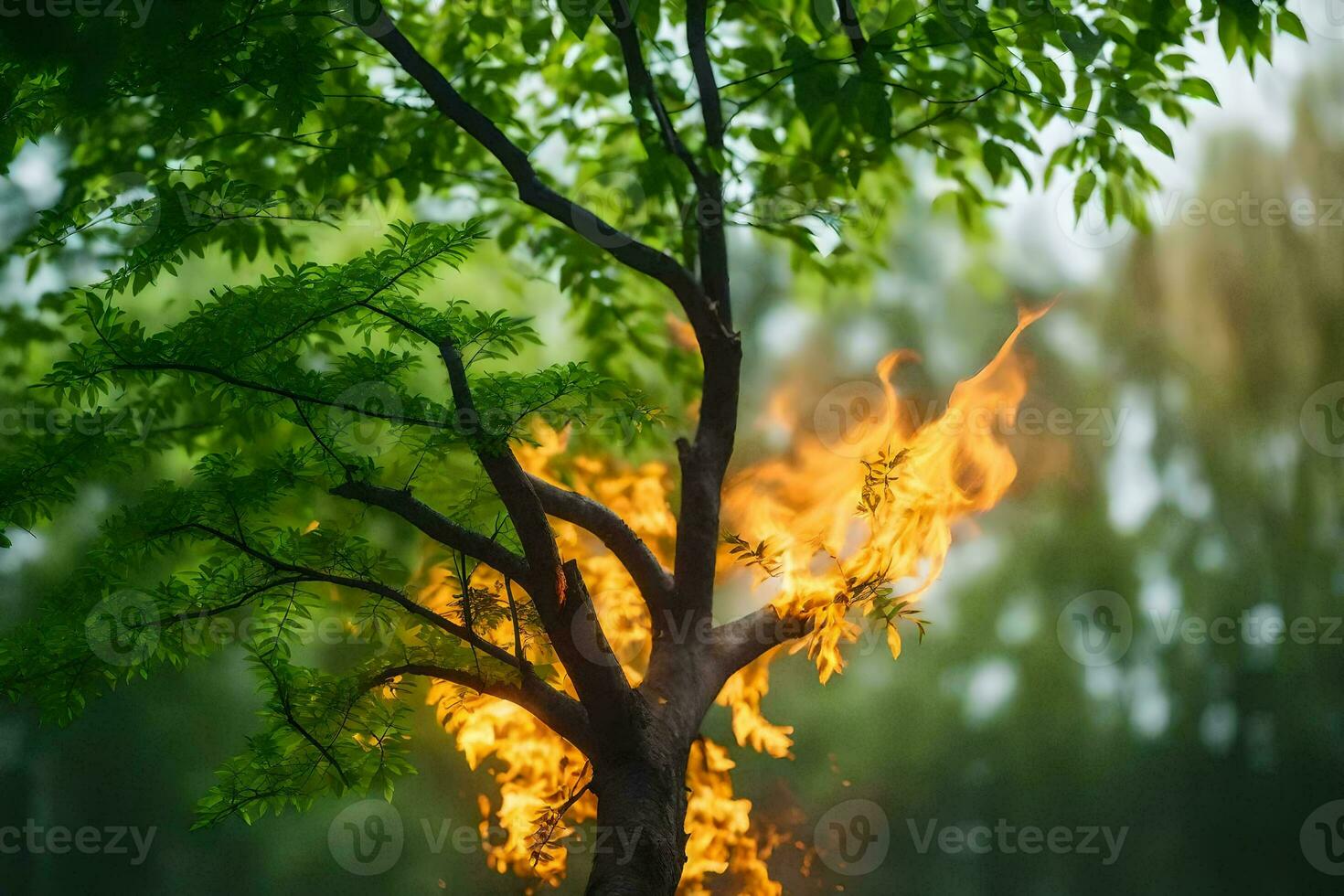 a tree with flames coming out of it. AI-Generated photo