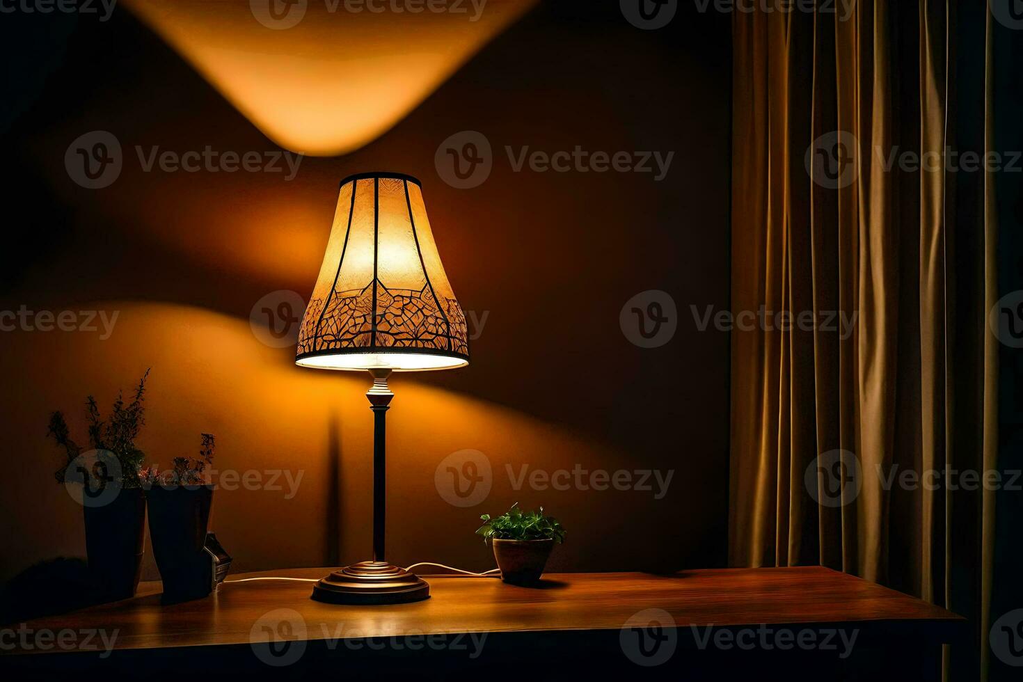a lamp on a table in front of curtains. AI-Generated photo