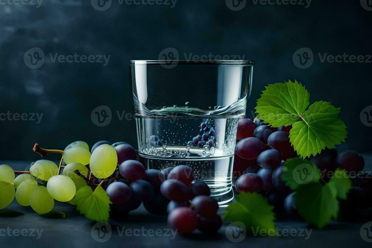 a glass of water and grapes on a dark background. AI-Generated photo