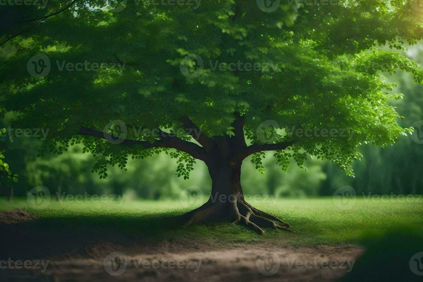 un árbol es mostrado en el medio de un campo. generado por ai foto