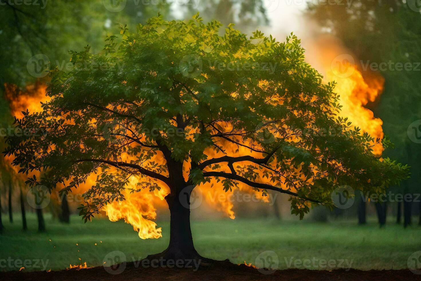 a tree with flames coming out of it. AI-Generated photo