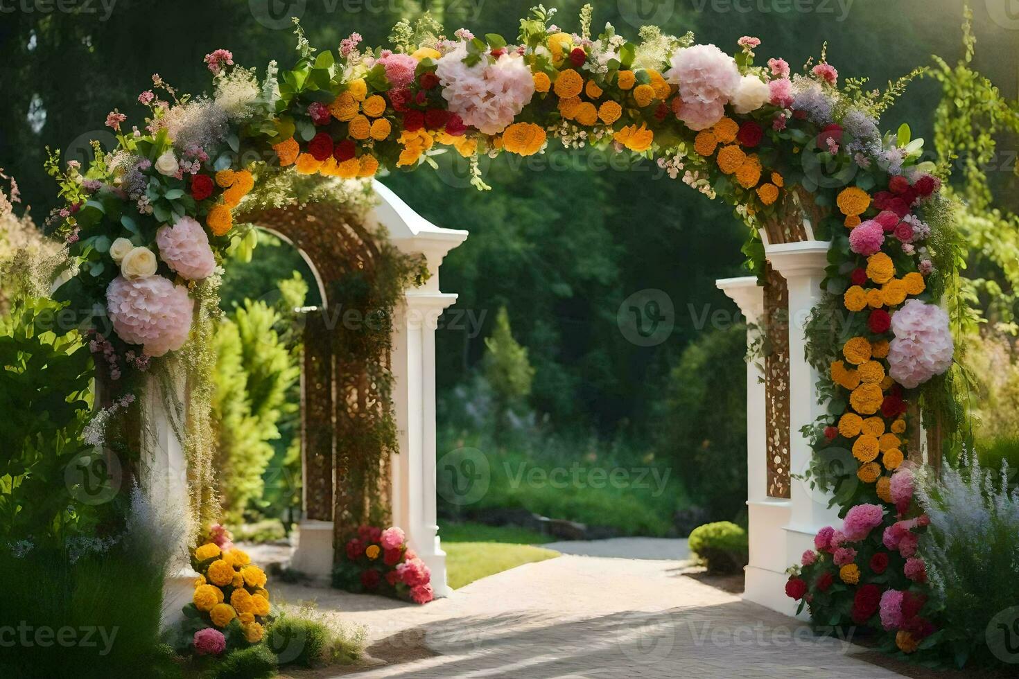 un Boda arco decorado con flores generado por ai foto