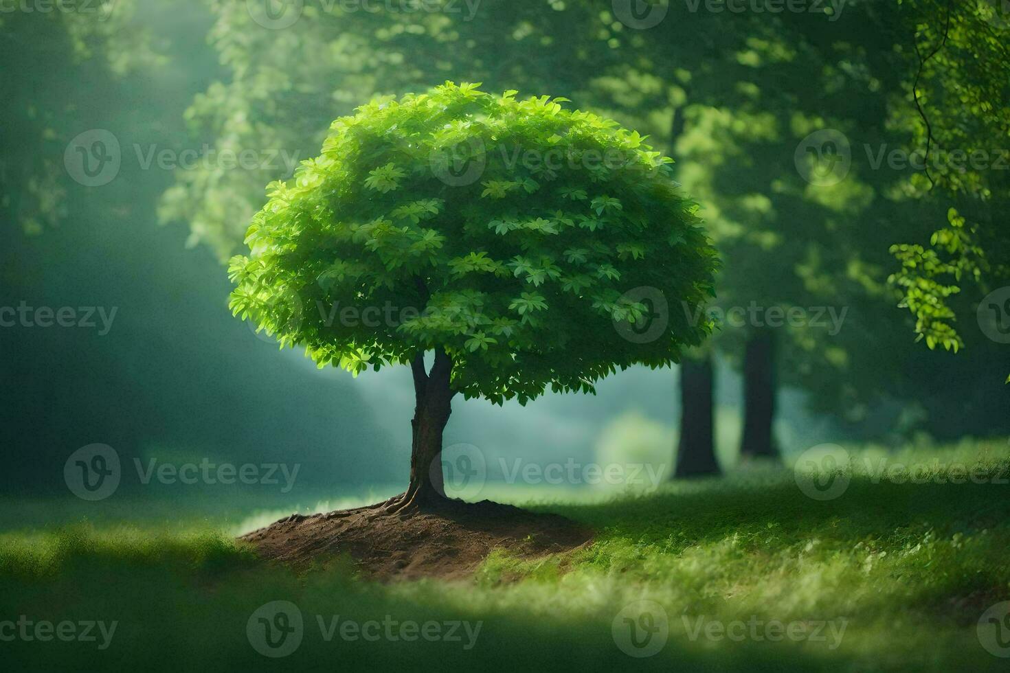 a tree in the middle of a green field. AI-Generated photo