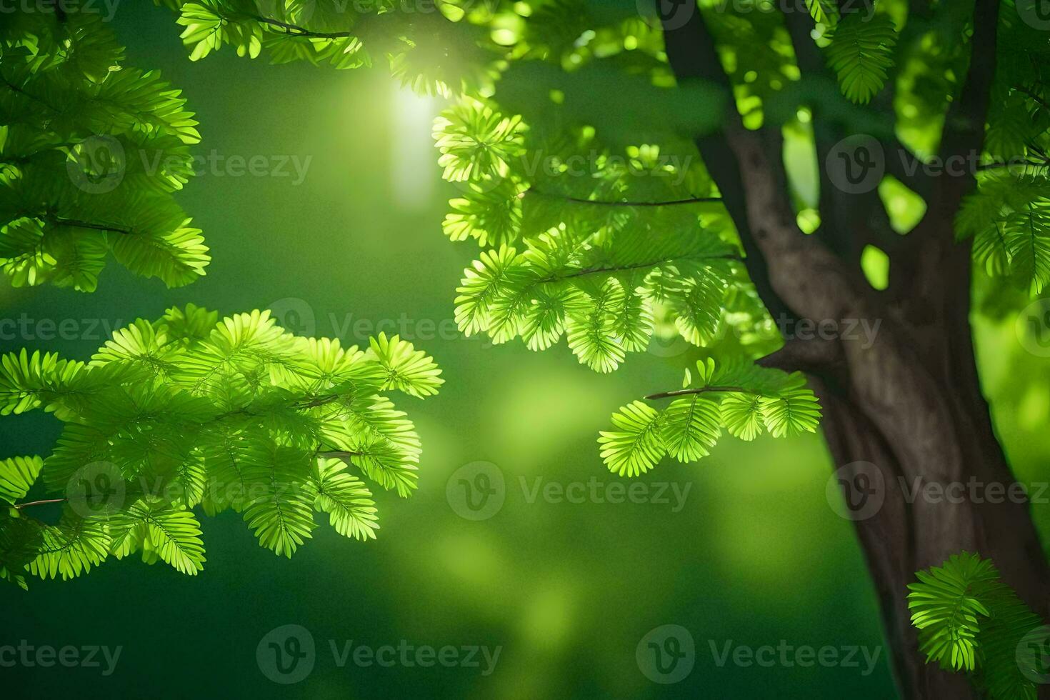 photo wallpaper the sun, trees, leaves, green, sunlight, trees, green, forest,. AI-Generated