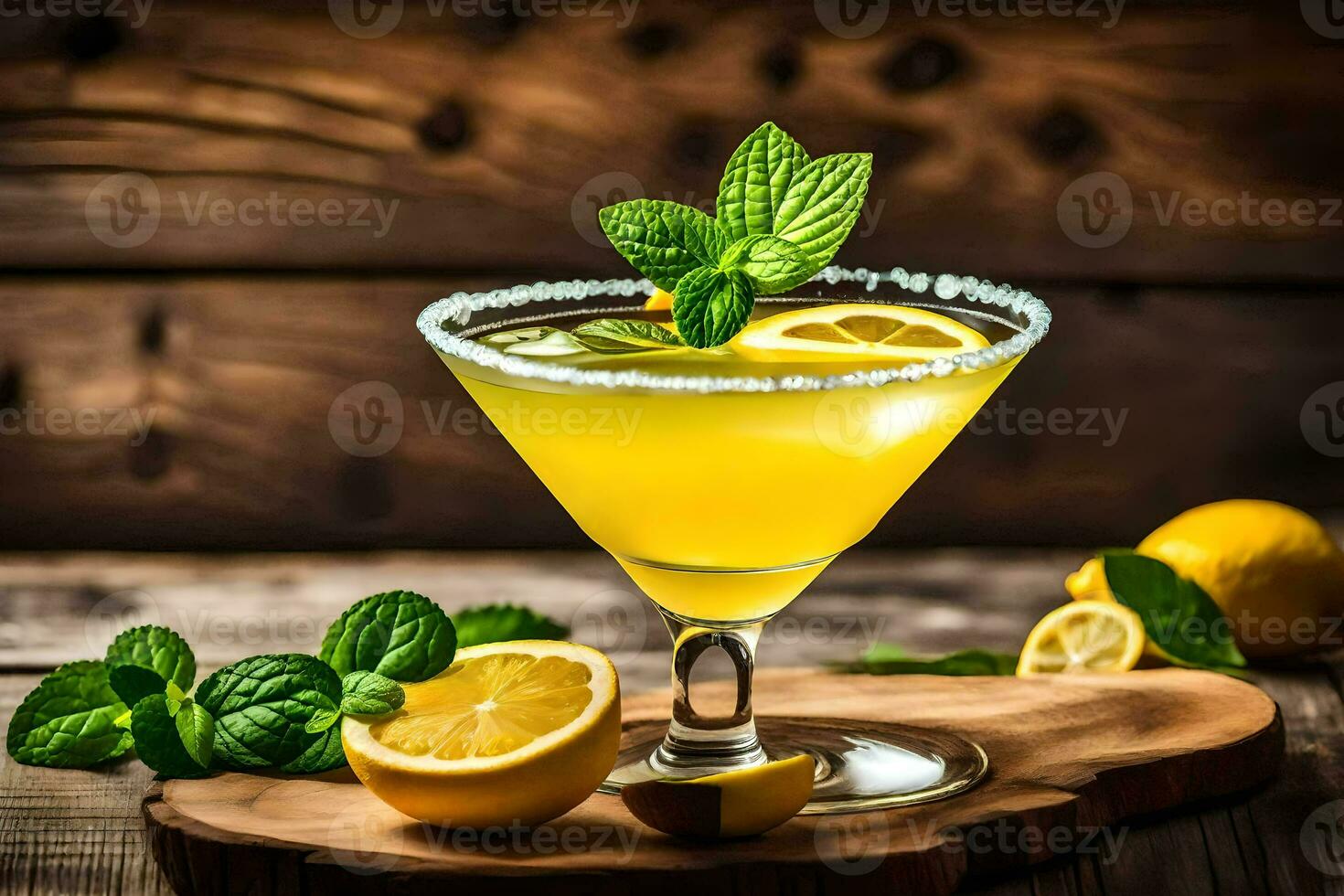 a cocktail with lemon and mint on a wooden table. AI-Generated photo