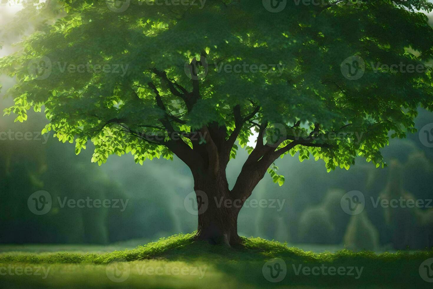 a tree is standing in the middle of a field. AI-Generated photo