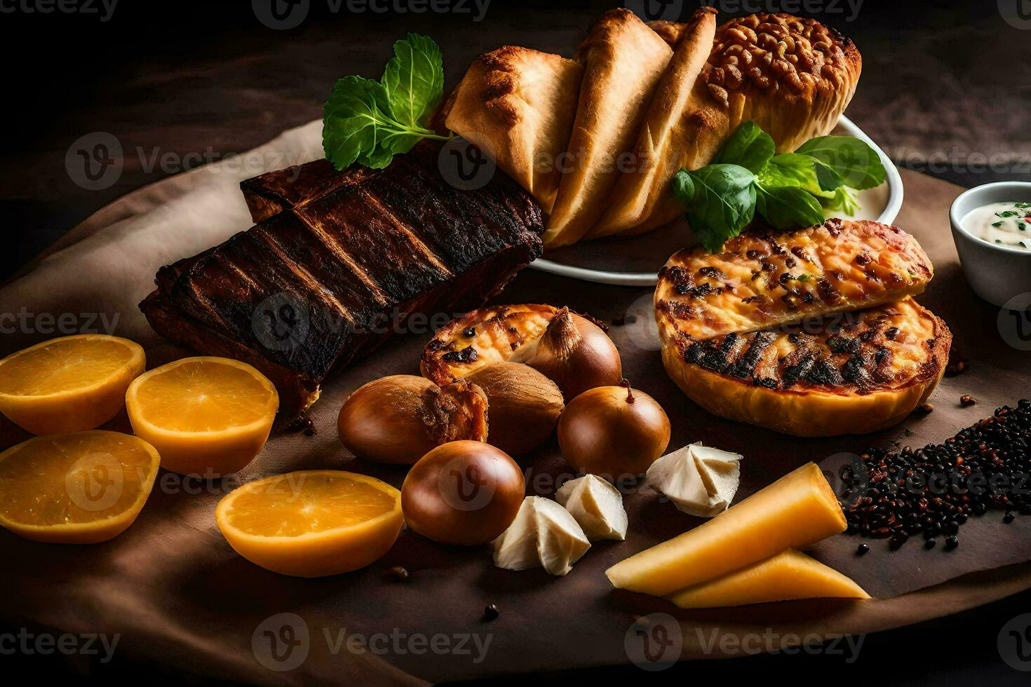 an assortment of food on a wooden table. AI-Generated photo