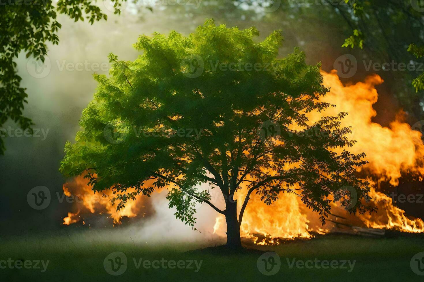 a tree is burning in the grass. AI-Generated photo