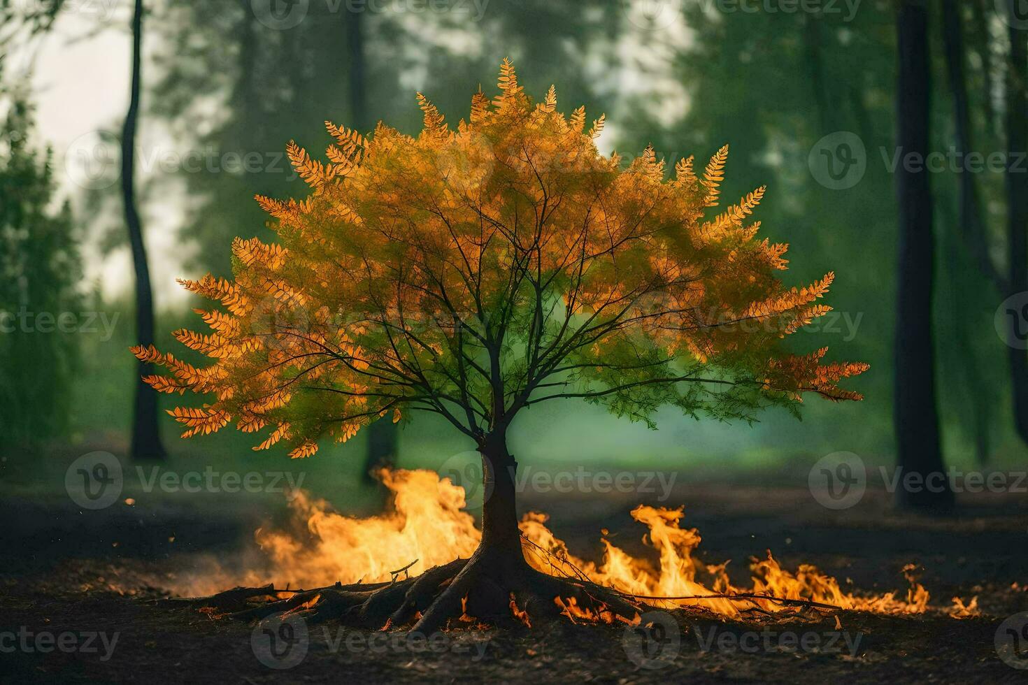 a tree with flames coming out of it in the middle of a forest. AI-Generated photo