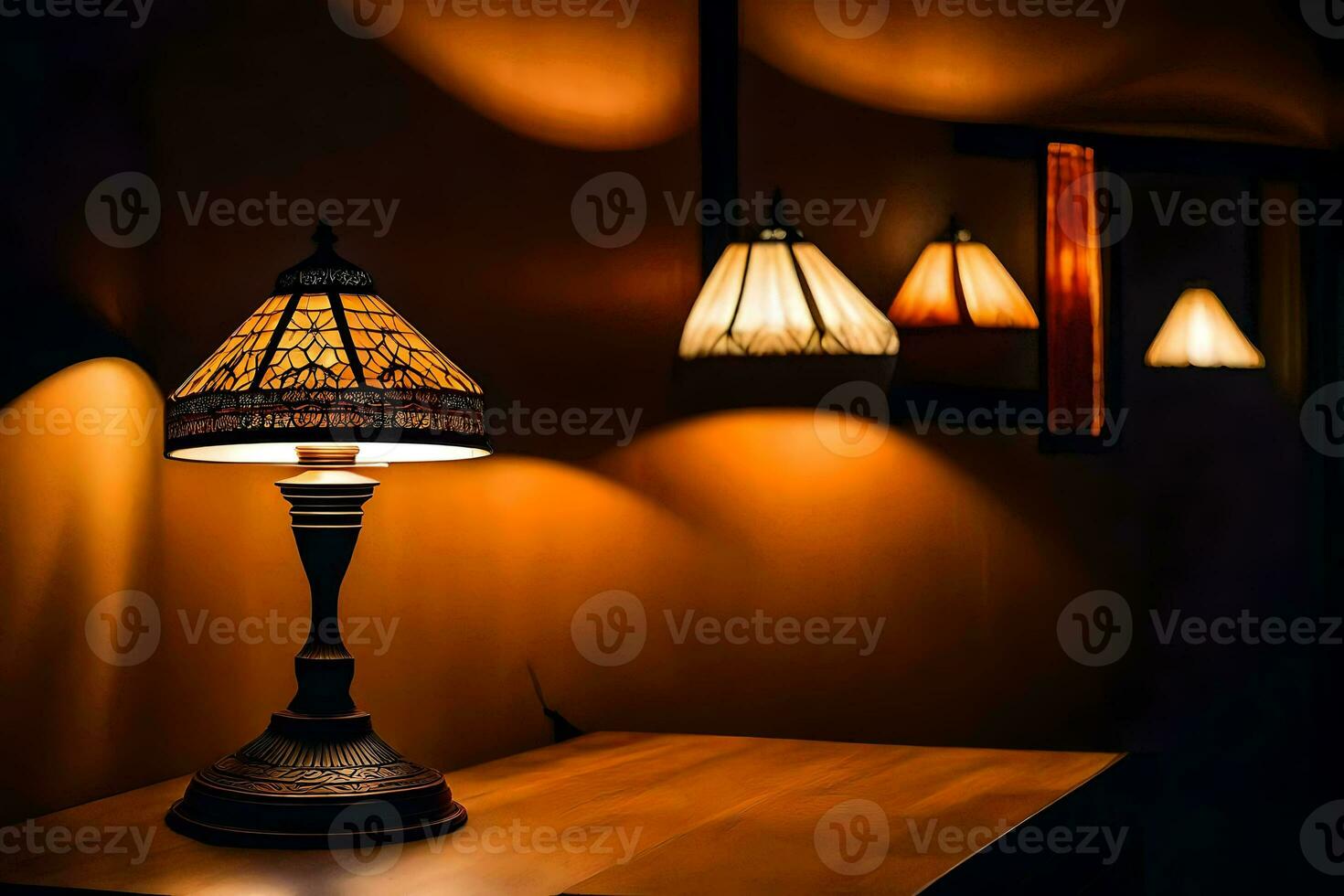 a lamp on a table in a dark room. AI-Generated photo