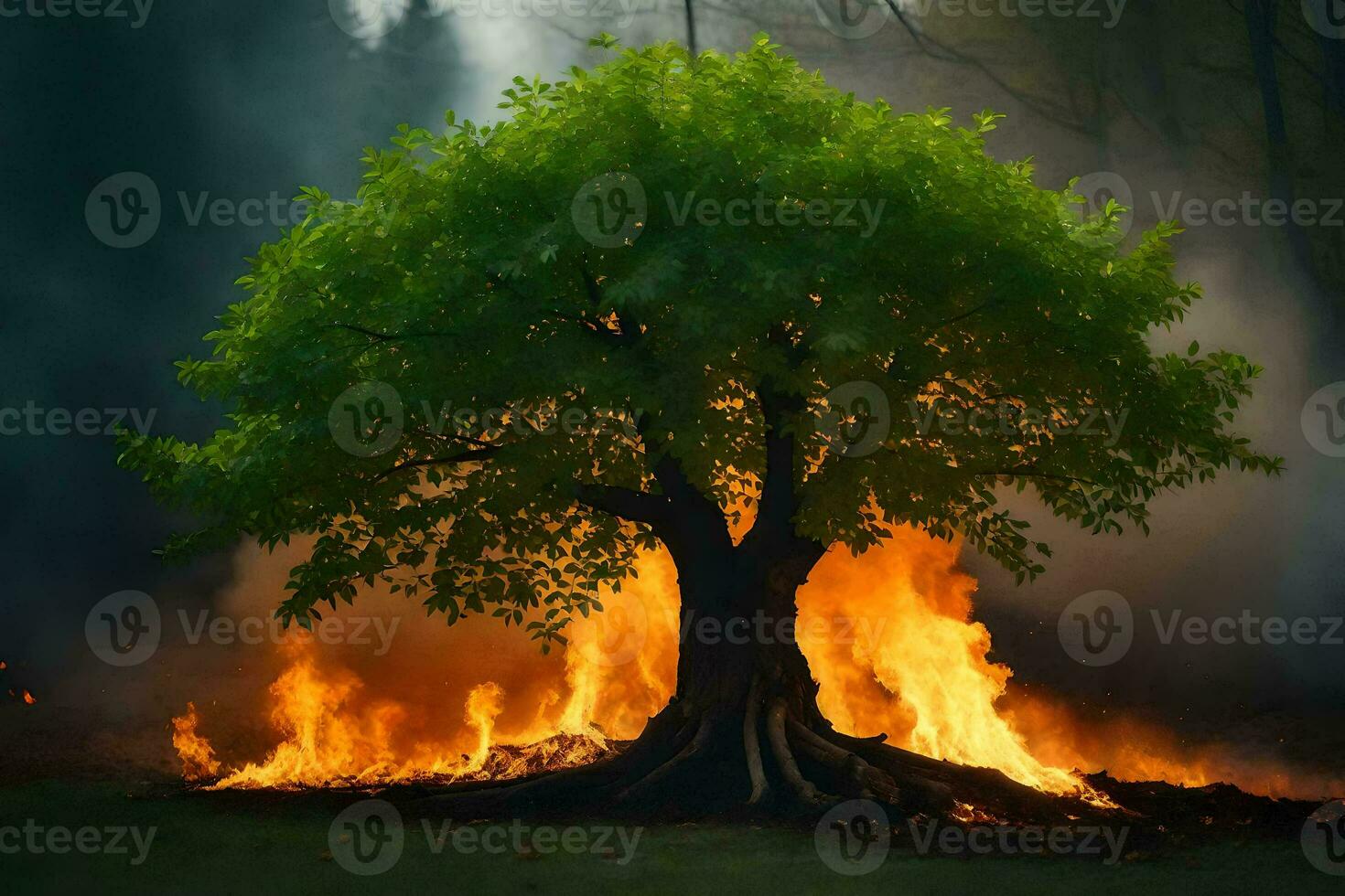 a tree is burning in the middle of a forest. AI-Generated photo